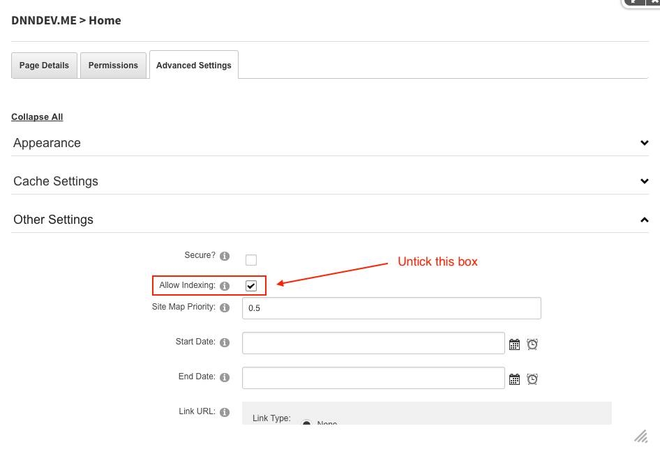 DNN page settings for search engine indexing